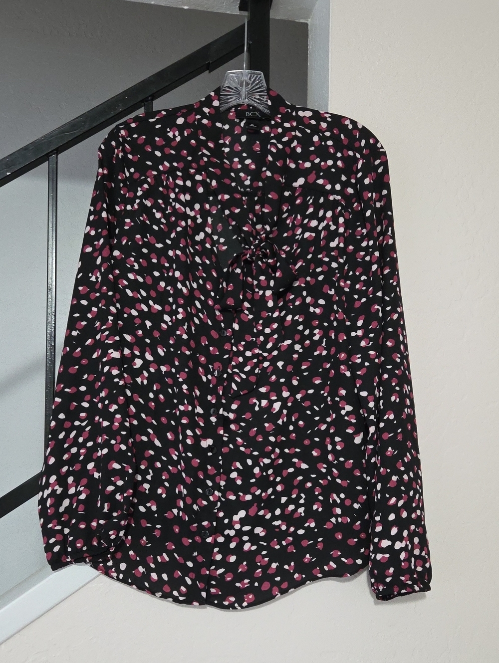 BCX Black Dot-Print Tie-Neck Blouse with Pink and Lt Pink Spots Size XL